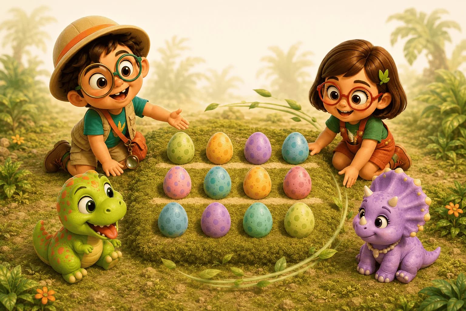 Doce huevos de dinosaurio acomodados sobre el musgo en tres filas de cuatro, mientras Luna hace girar el arreglo para verlo desde el otro lado.